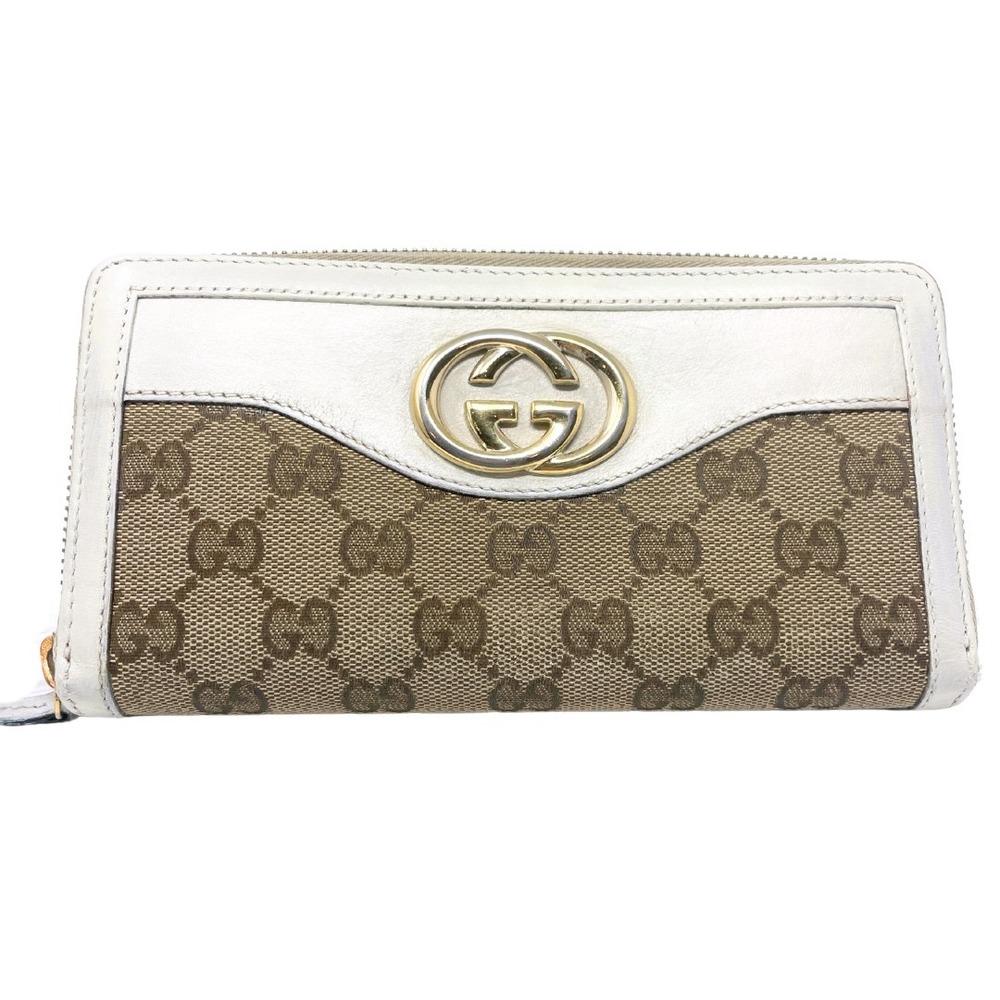 Gucci Wallet Long Continental Card White Leather‎ GG Monogram Brown Zip Around